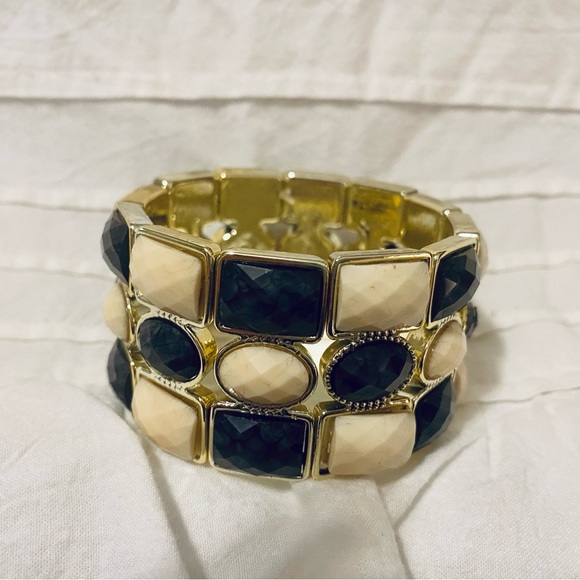 Jewelry - Statement piece large plastic stretch bracelet Gold tone trim/edging